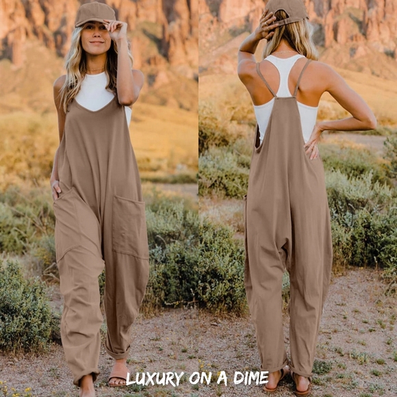 Oversized Hippie V-Neck Sleeveless Wide Leg Pant Pocket Jumpsuit Bohemian Outfit - Picture 2 of 7